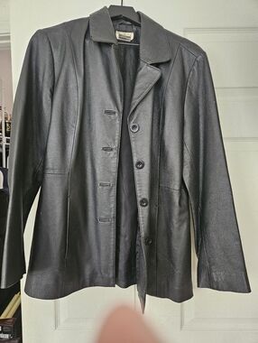 Black Leather Button-Front Jacket - Classic Woman's Coat
